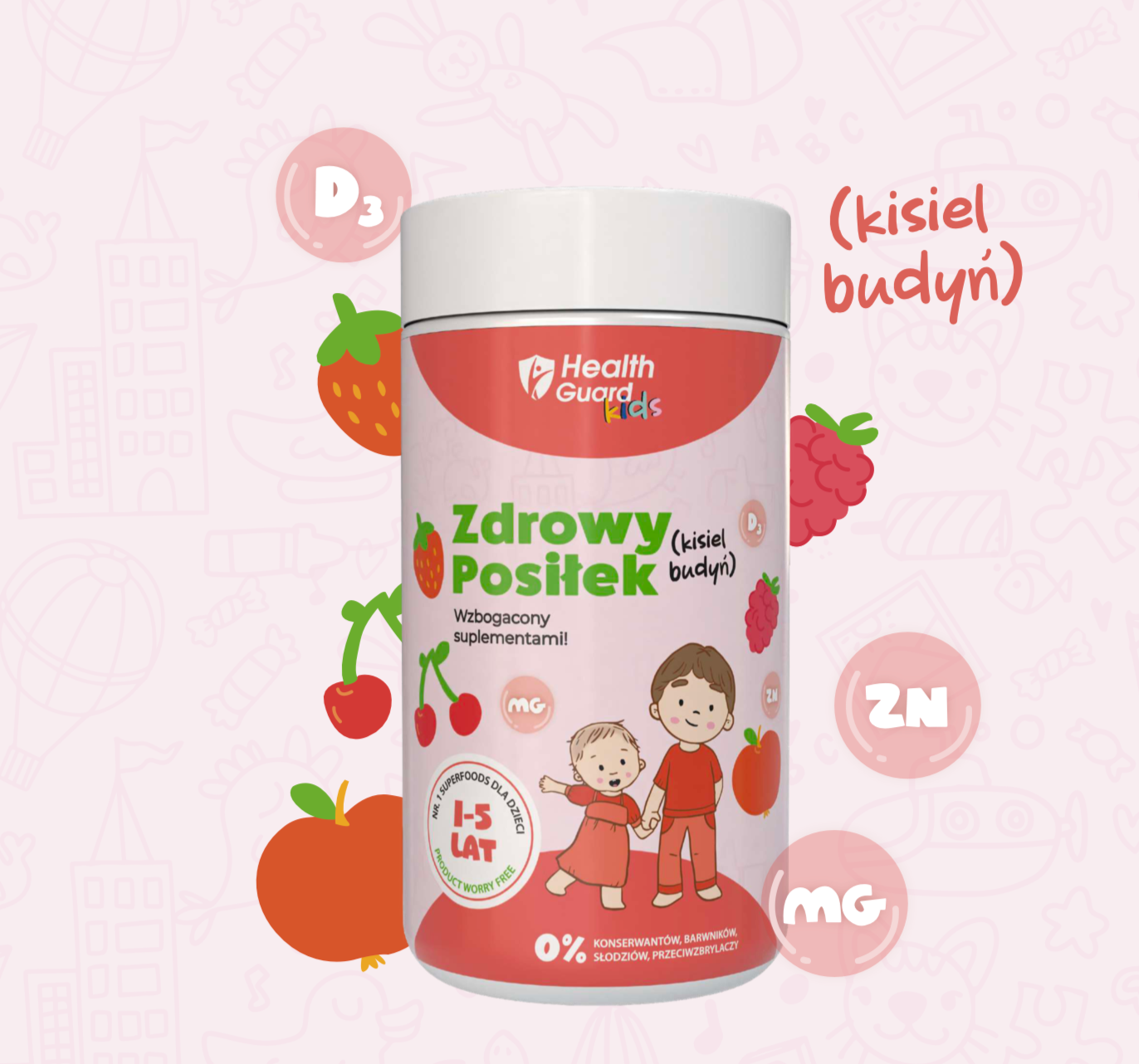 HealthGuard Kids: Healthy Meal - Enriched with Supplements! - STRAWBERRY, 500g, jelly/pudding, (ingredients: KUZU, SUPERFOODS, VITAMIN D3, MAGNESIUM, ZINC)