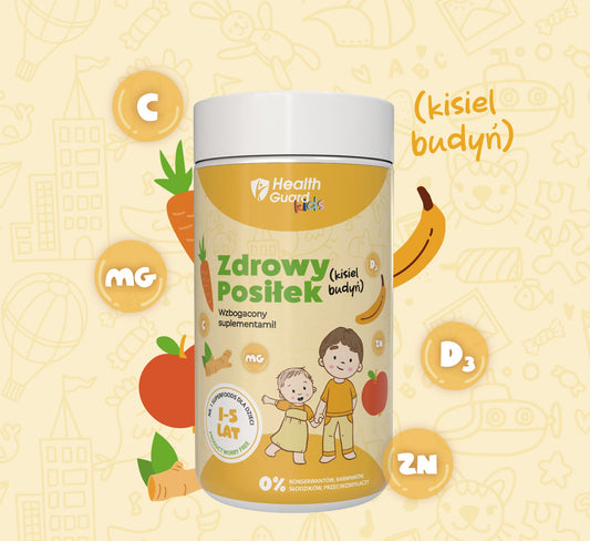 HealthGuard Kids: Zdrowy Posiłek - wzbogacony suplementami! - BANAN, 500g, kisiel/budyń, (skład: KUZU, SUPERFOODS, WITAMINA D3, WITAMINA C, MAGNEZ, CYNK) - HealthGuard.pl