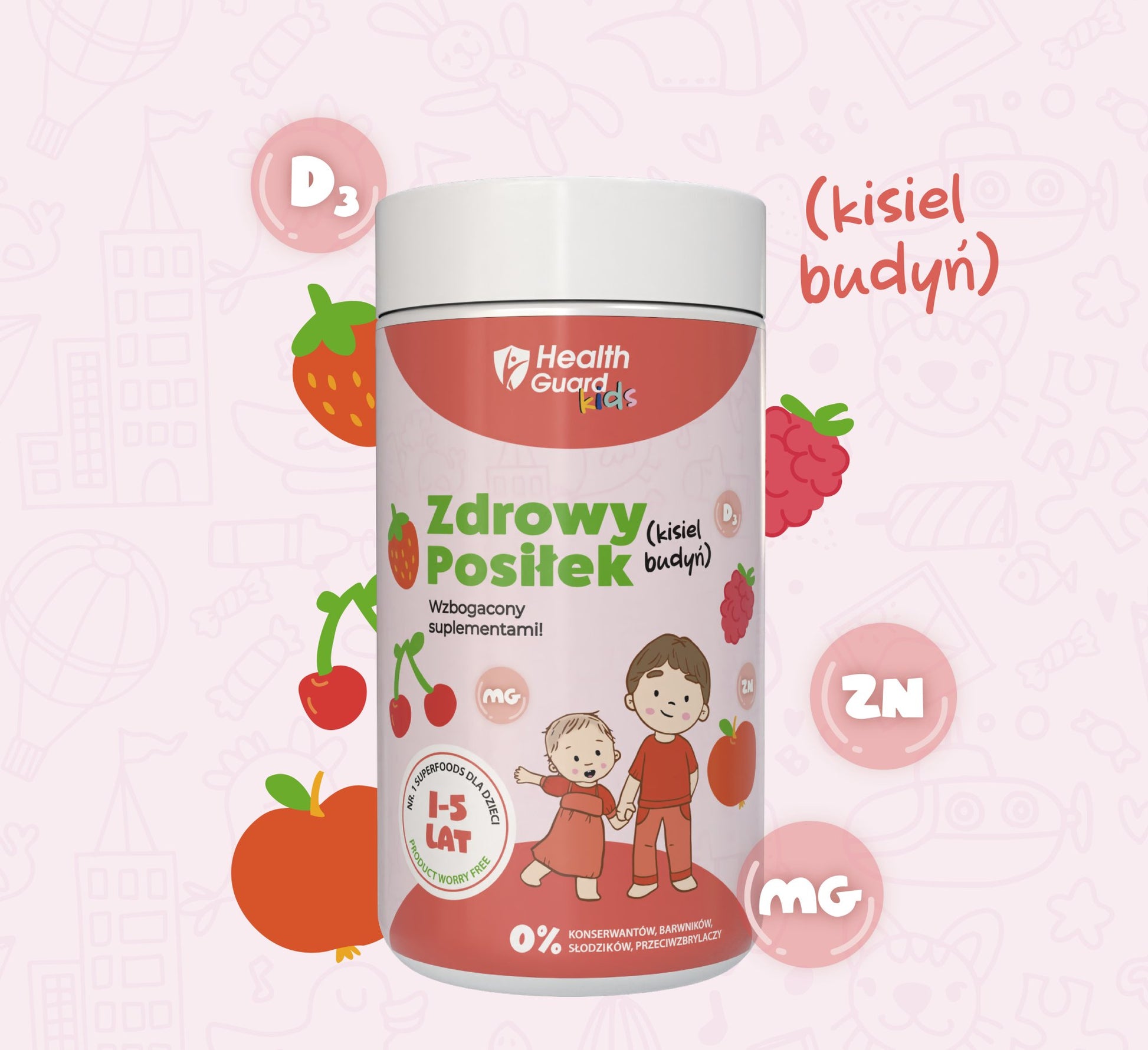 HealthGuard Kids: Zdrowy Posiłek - wzbogacony suplementami! - TRUSKAWKA, 500g, kisiel/budyń, (skład: KUZU, SUPERFOODS, WITAMINA D3, MAGNEZ, CYNK) - HealthGuard.pl