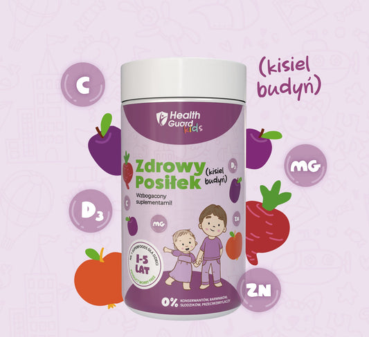 HealthGuard Kids: Zdrowy Posiłek - wzbogacony suplementami! (WSPARCIE PRZY ZAPARCIACH) - ŚLIWKA 500g, kisiel/budyń, (skład: KUZU, SUPERFOODS, WITAMINA D3, WITAMINA C, MAGNEZ, CYNK) - HealthGuard.pl